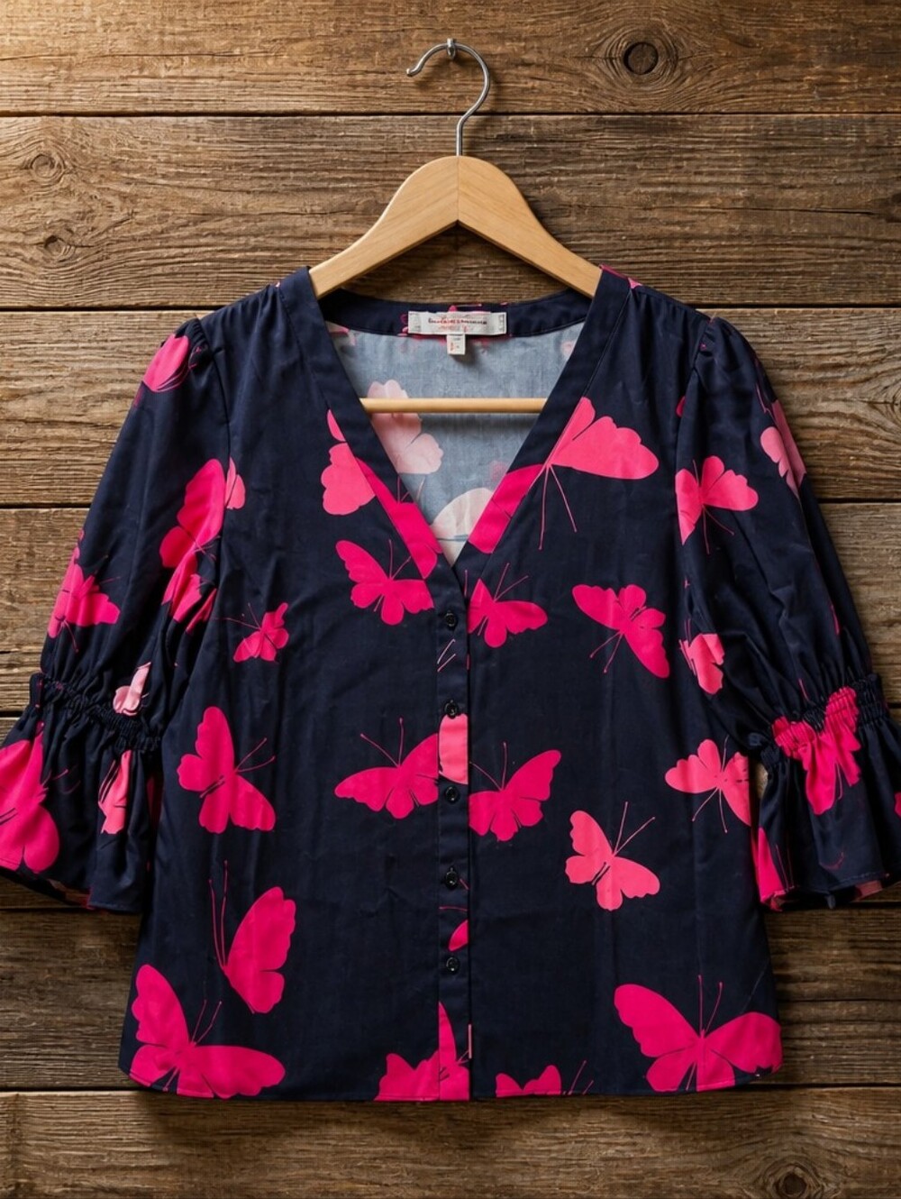Black & Pink Butterfly Blouse By Carolina Herrera